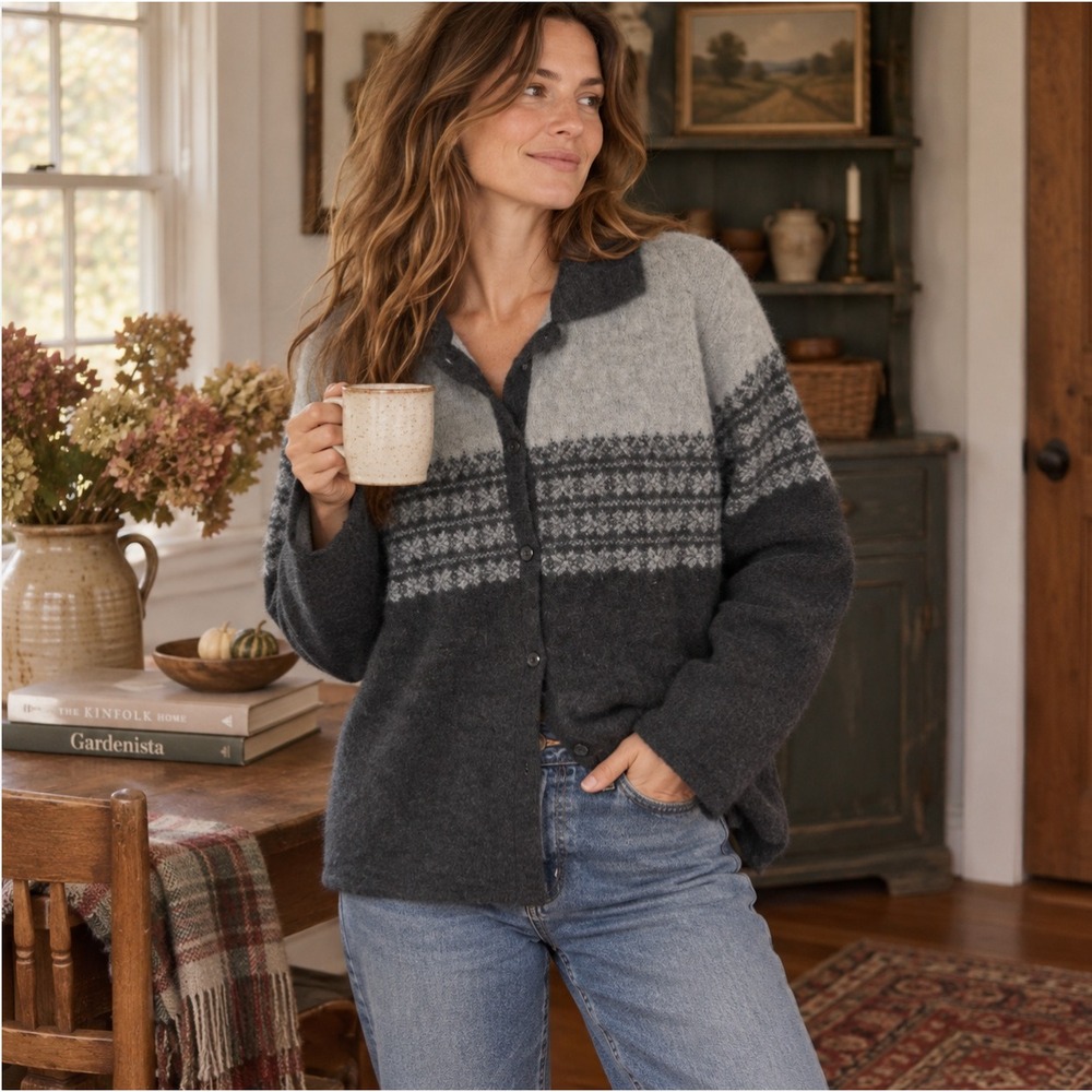 Vintage Boiled Wool Fair Isle Cardigan Sweater Collared Fall Cottagecore Large